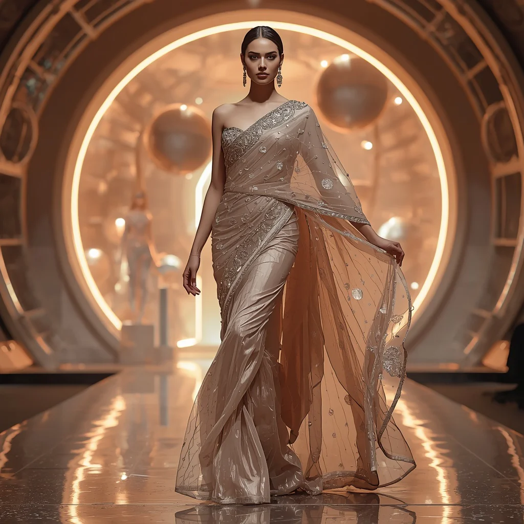 Champagne Aurora Prism Infinity Armor Saree with Floating Sphere Dome Reactor Nexus Core System Field Engine Glow Architecture | trending prompt copy paste instagram — AI image prompt