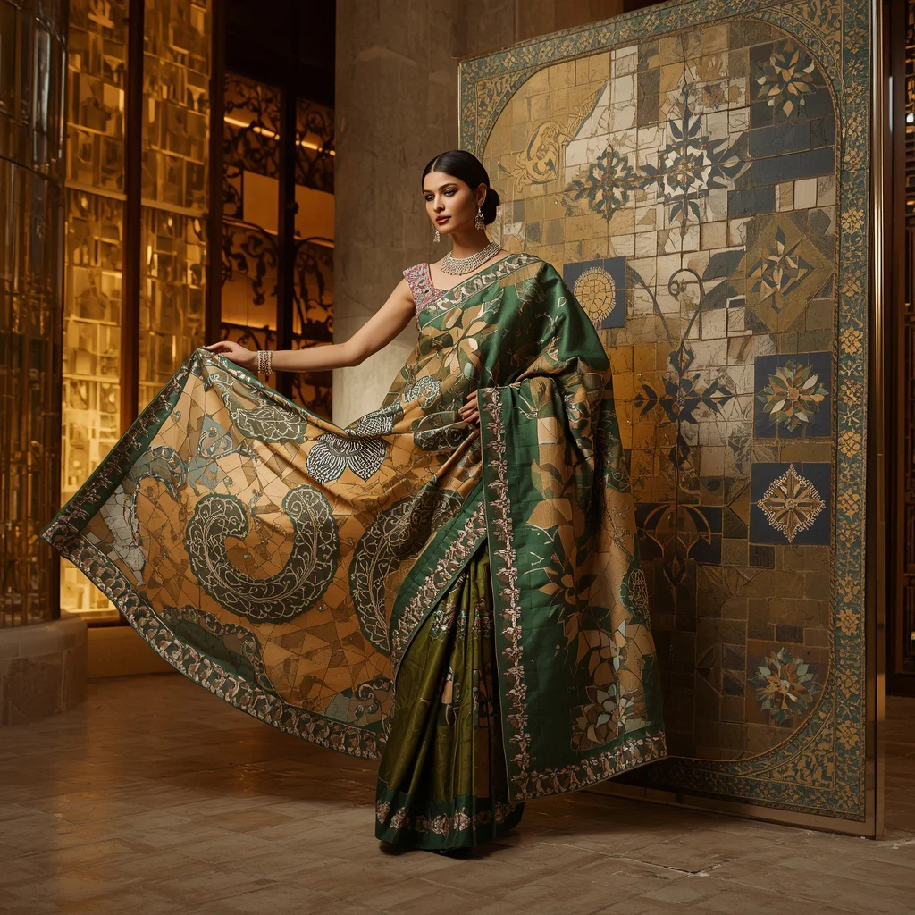 Decorative Mosaic Festival Saree with Giant Patterned Art Panels | prompt for saree look for girl instagram — AI image prompt