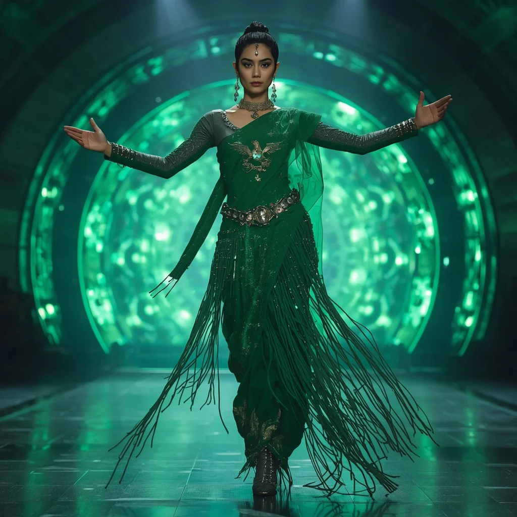 Emerald Phoenix Surge Apex Infinity Quantum Armor Saree with Curved Reactor Dome Cathedral Singularity Core Engine System Field | saree instagram ai prompt — AI image prompt