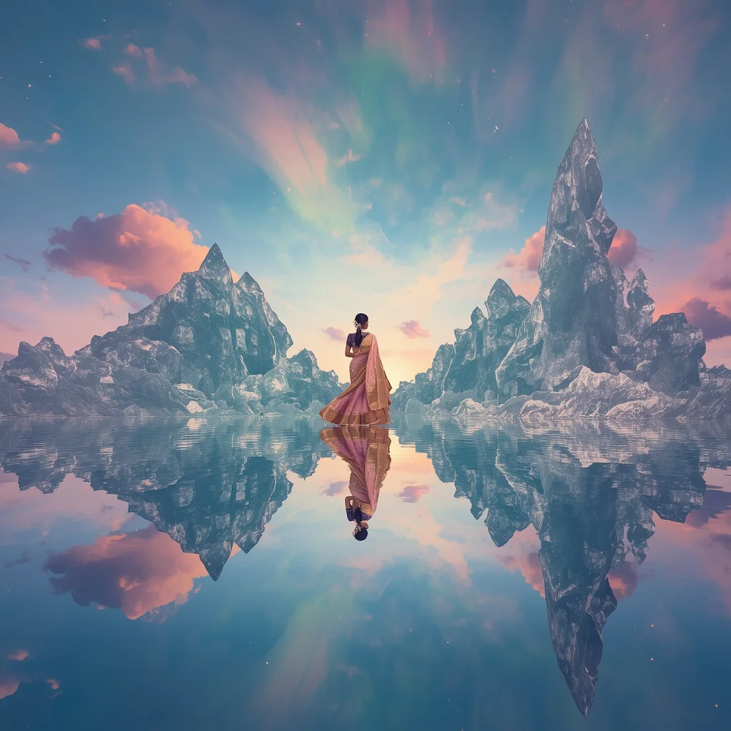 Festive Pastel Saree Reflective Aurora Crystal Sapphire Sky Ocean Infinity Mirror Horizon Eternal Nexus Collage Luxury | prompt for saree look for girl instagram — AI image prompt