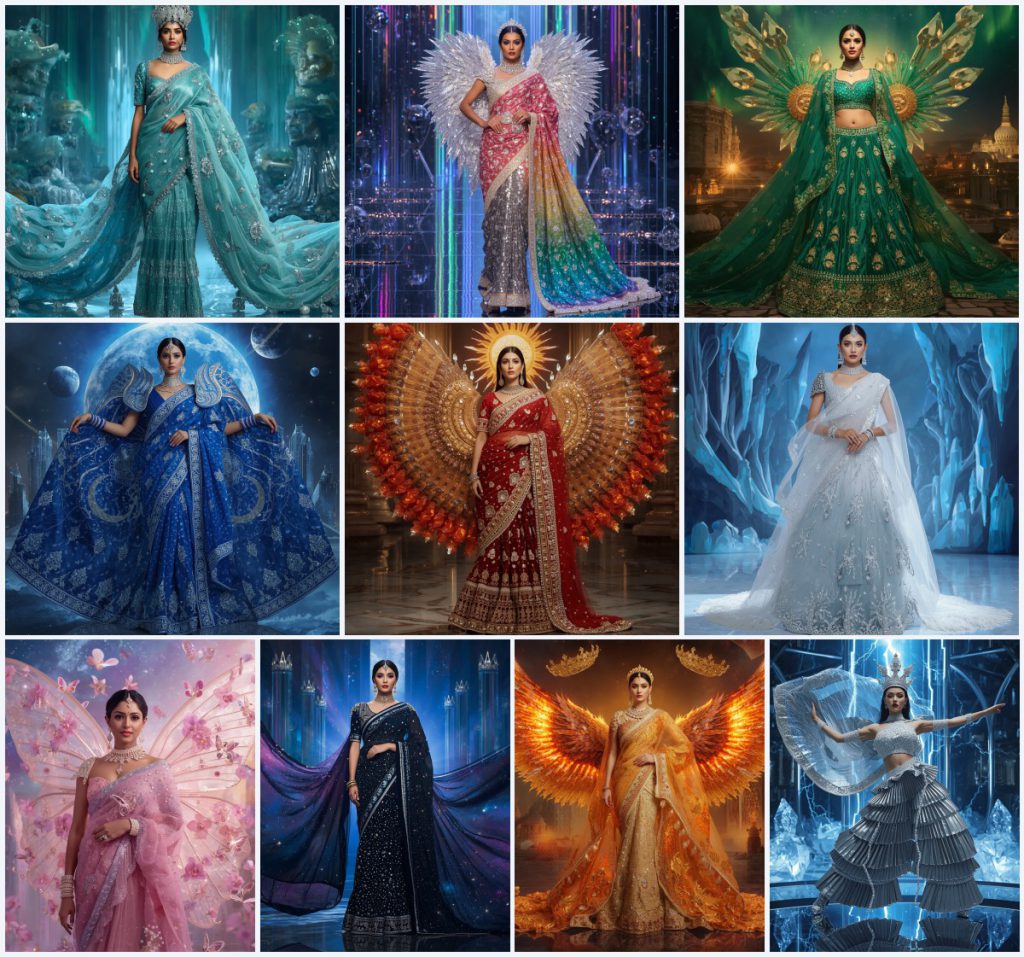 Glamorous Feathered Saree AI Prompts for High Fashion Drama | prompt for traditional look for girl chatgpt instagram — AI image prompt