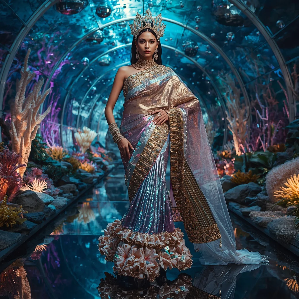 Liquid Crystal Crown Reef Saree with Floating Gemstone Coral Arches and Aurora Ocean Atrium | traditional prompt for gemini ai girl instagram — AI image prompt