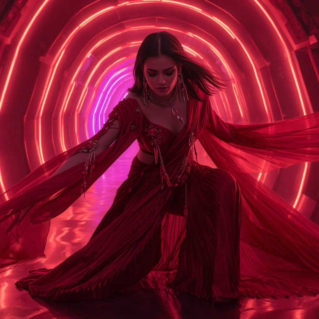 Ruby Eclipse Quantum Infinity Armor Saree with Neon Ribbon Tunnel Vault Collapse Nexus Core Field System Engine Reactor Glow | prompt for gemini ai girl style trending instagram — AI image prompt
